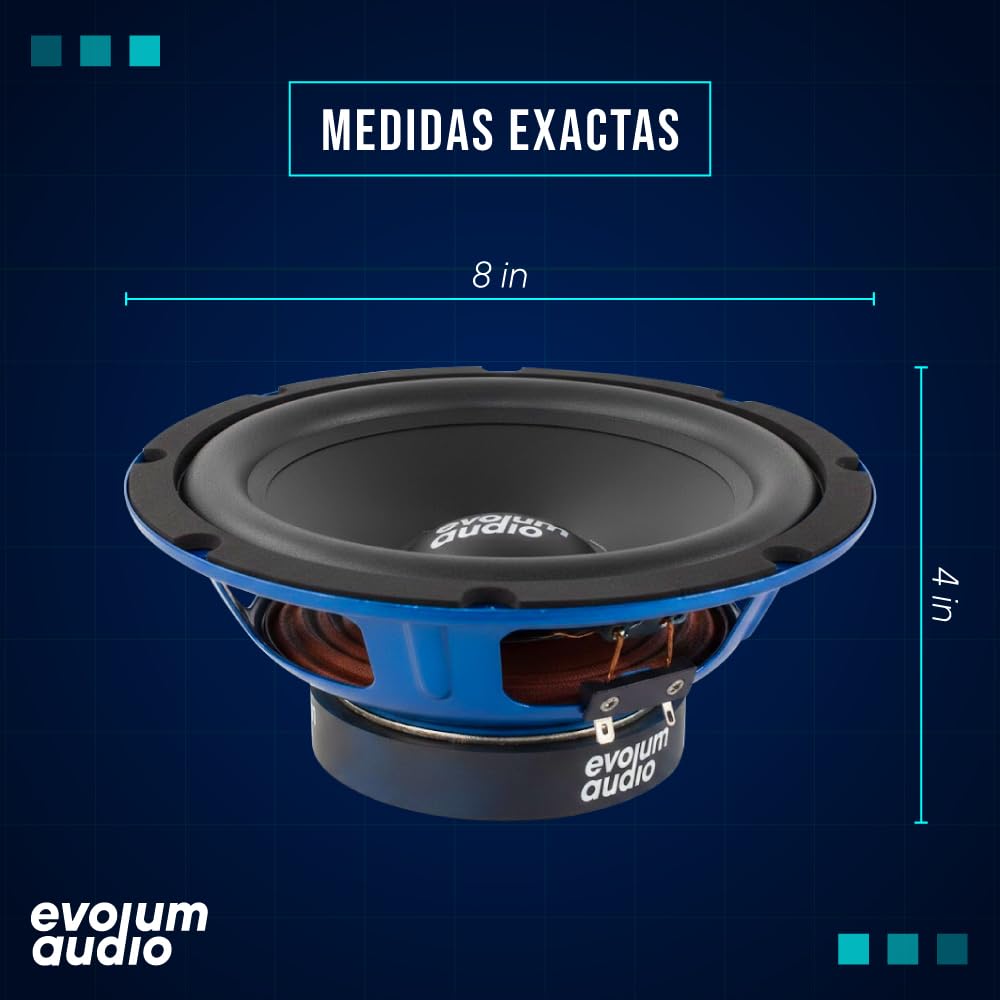 Evolum Audio - Kit Bocinas Medio Rango - Sonido Claro y Potente - Cono de Papel de Titanio - Potencia RMS de 200 W - Materiales de Calidad - Fácil Instalación - Modelo Open Show (8 in)