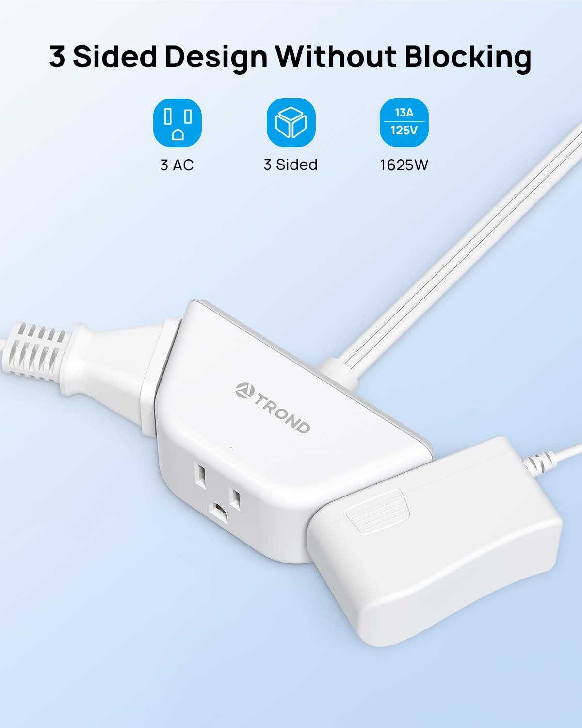 TROND Cable de extensión Plano Corto de 0,9 m, regleta de Enchufe Plano de 3 Clavijas con conexión a Tierra y 3 Salidas, Cable de alimentación de calibre16 13A Travel Cruise Essentials