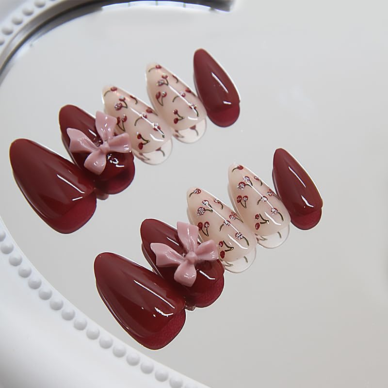 CLYHLTMZ Uñas Postizas Cortas Almendradas, Color Rojo Vino, Cobertura Completa, Con Diseño De Lazo, Acabado Brillante Con Diseño De Cereza. Uñas Acrílicas Adhesivas Removibles Para Mujeres Y Niñas(30