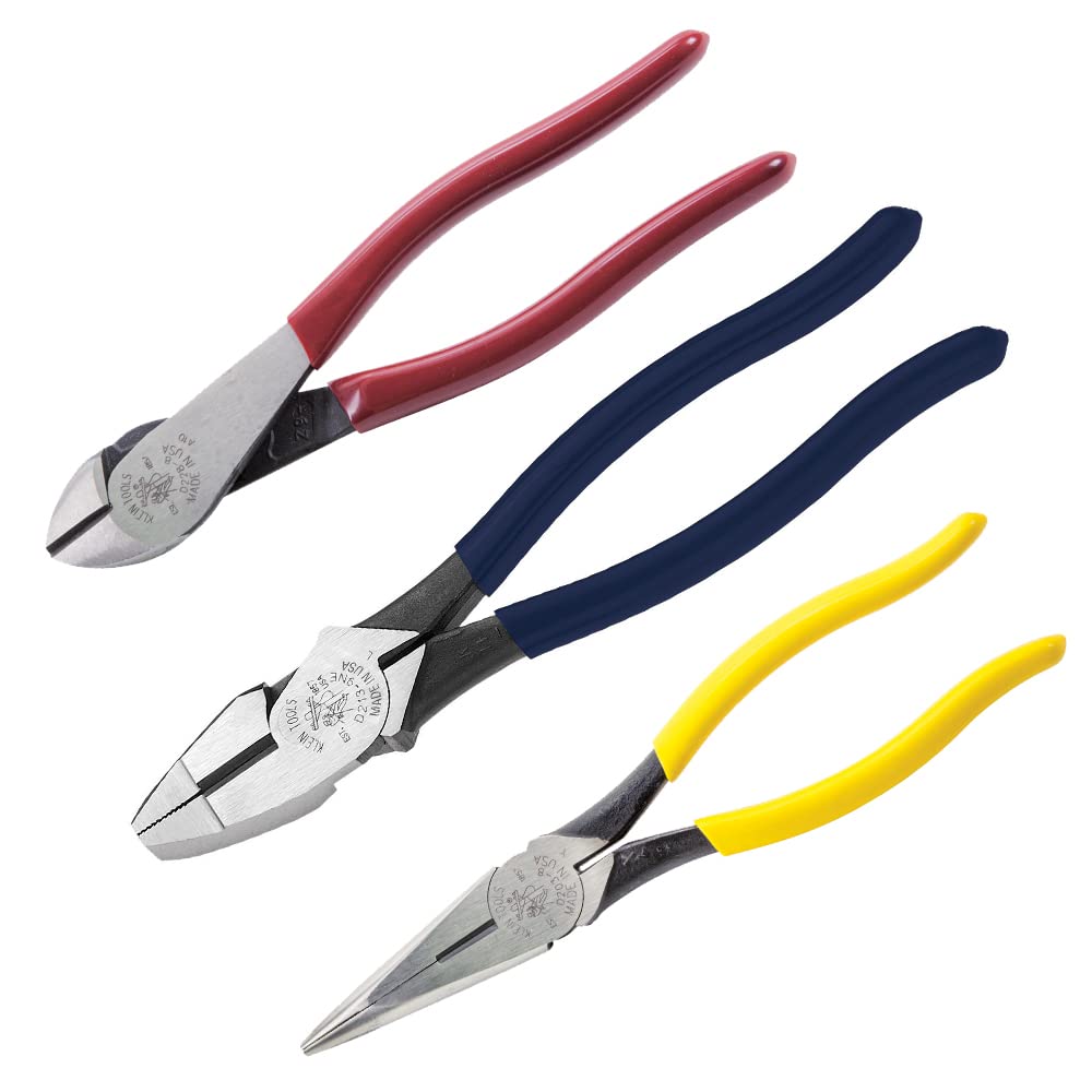 Klein Tools 80020 Juego de herramientas con alicates de lineman, cortadores diagonales y alicates de punta larga, con cuchillos endurecidos por inducción, 3 piezas