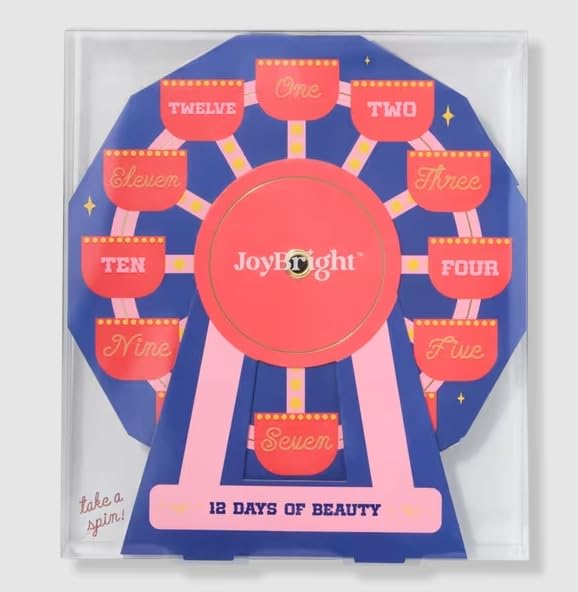 ULTA Colección navideña JoyBright 12 días de Belleza, Set de Regalo de Maquillaje y Cuidado de la Piel, diseño de Noria Rosa y Azul, temática del Oeste.