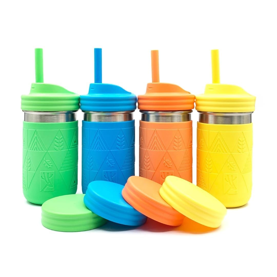 Elk and Friends - Vasos de acero inoxidable de 14 onzas para niños y niños pequeños, el tarro original con mangas + tapas, pajitas de silicona, batidos, tarro de almacenamiento, resistente a derrames