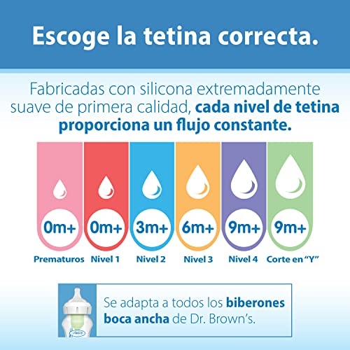Dr. Brown's Natural Flow® Preemie Flow™ - Tetina de silicona para biberón, flujo más lento, 0 m+, 100% silicona, 6 unidades