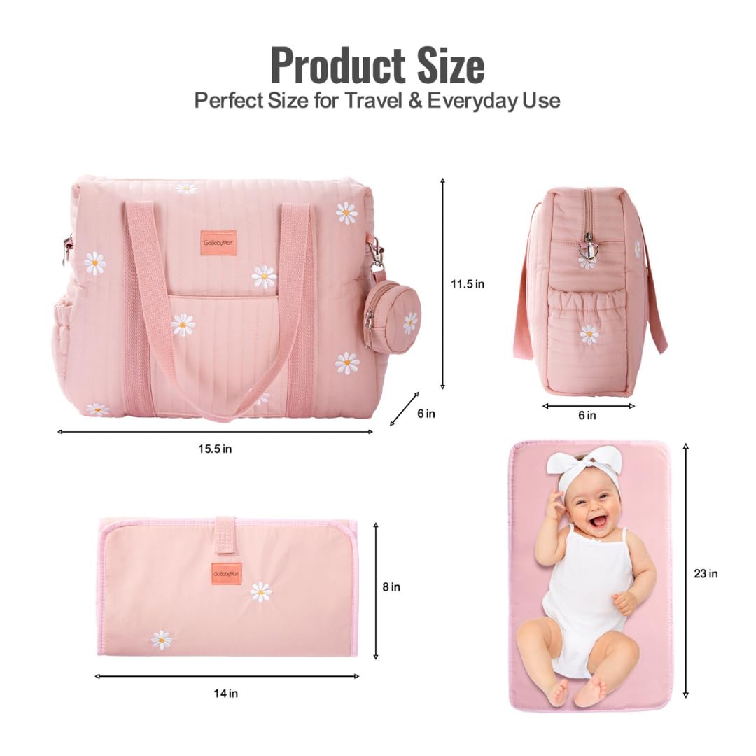 GOBABYMART - Juego de 3 bolsas de pañales, bolsa de hospital para trabajo y parto, bolsa de viaje de maternidad con cambiador y estuche para chupete, Medio - Flores rosadas, 15 inches x 12 inches x 6