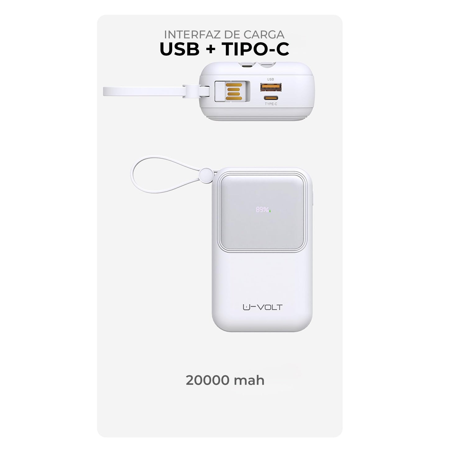 CELULARTE Power Bank U-Volt 20,000 mAh con Cables Integrados, Carga Rápida 22.5W, Batería Portátil con Pantalla Digital para iPhone, Samsung, Xiaomi, iPad y Más (Blanco)
