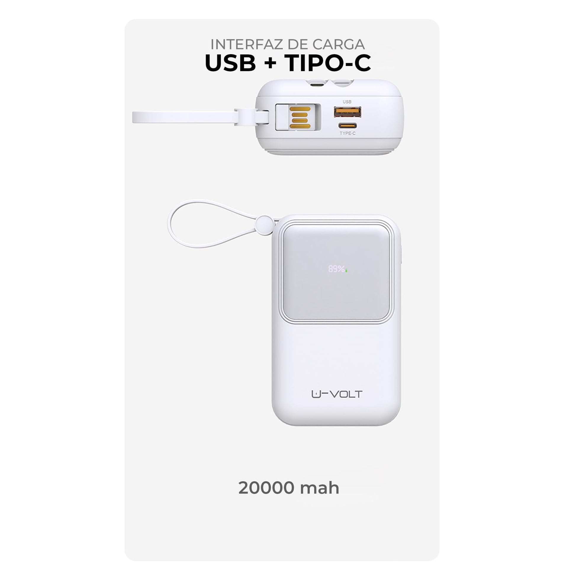 CELULARTE Power Bank U-Volt 20,000 mAh con Cables Integrados, Carga Rápida 22.5W, Batería Portátil con Pantalla Digital para iPhone, Samsung, Xiaomi, iPad y Más (Blanco)