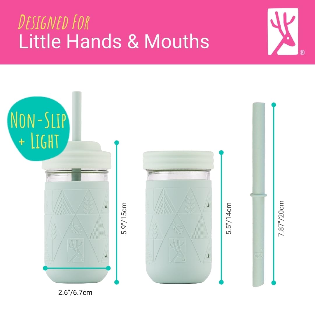 Elk and Friends - Vasos de licuado para niños y niños pequeños, los tarros de vidrio originales de 12 onzas con mangas y pajitas de silicona a prueba de derrames