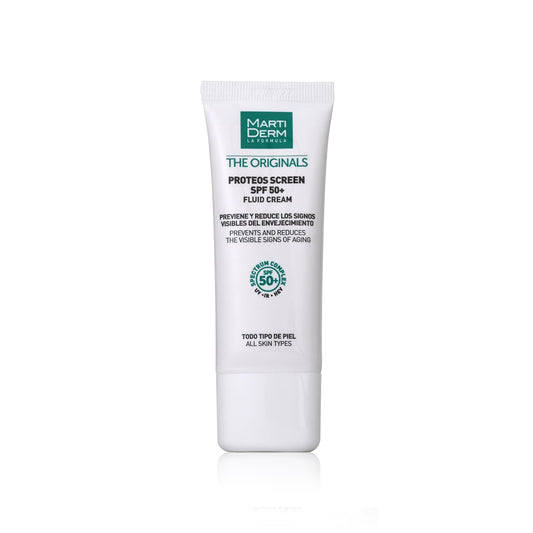 MartiDerm Proteos Screen SPF 50+ - Crema antiedad con protector solar de rápida absorción - Proteoglicanos + Ácido hialurónico y Silicio + Sprectrum Complex - Previene y reduce los signos del envejecimiento - 40 ml