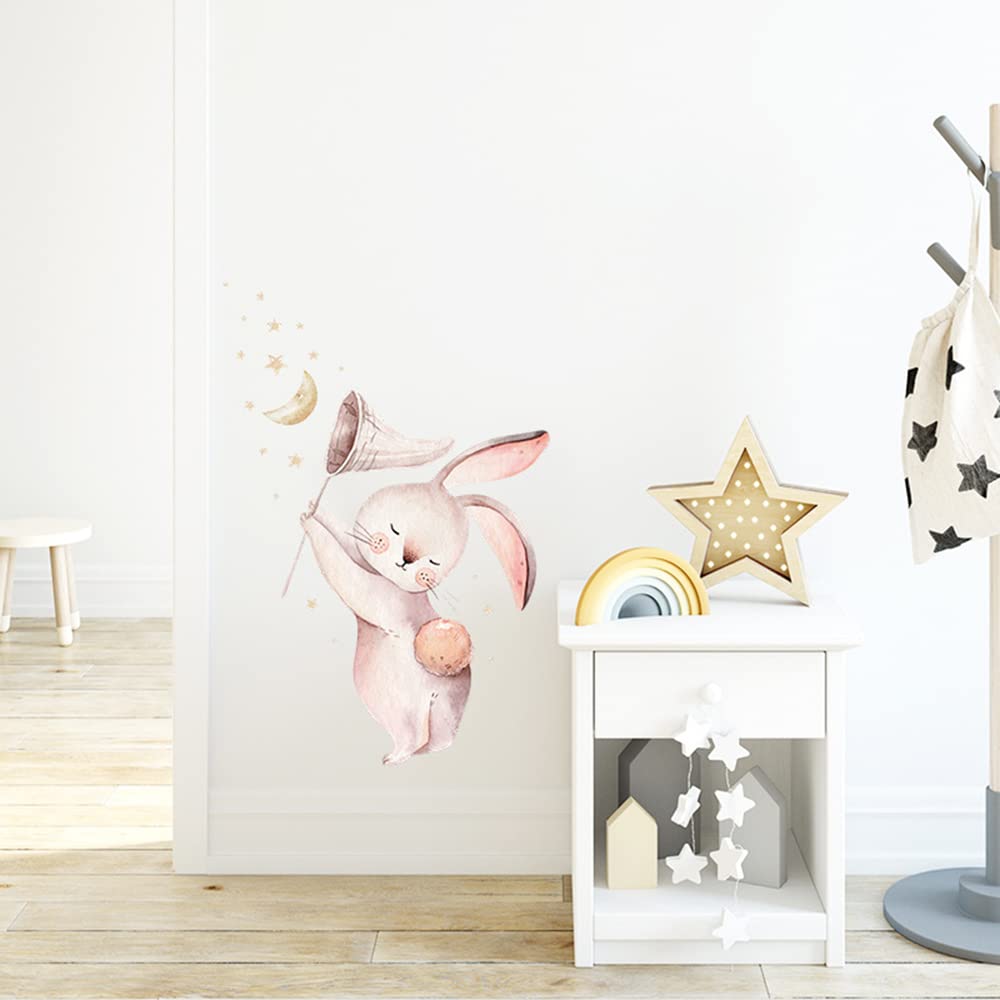 Wland Calcomanías de pared de vinilo extraíbles de 17.3 x 25.6 pulgadas, diseño de conejo, acuarela, conejo, luna, estrellas, globo, para decoración de habitación de niños, habitación del bebé, dormitorio de bebé y niña