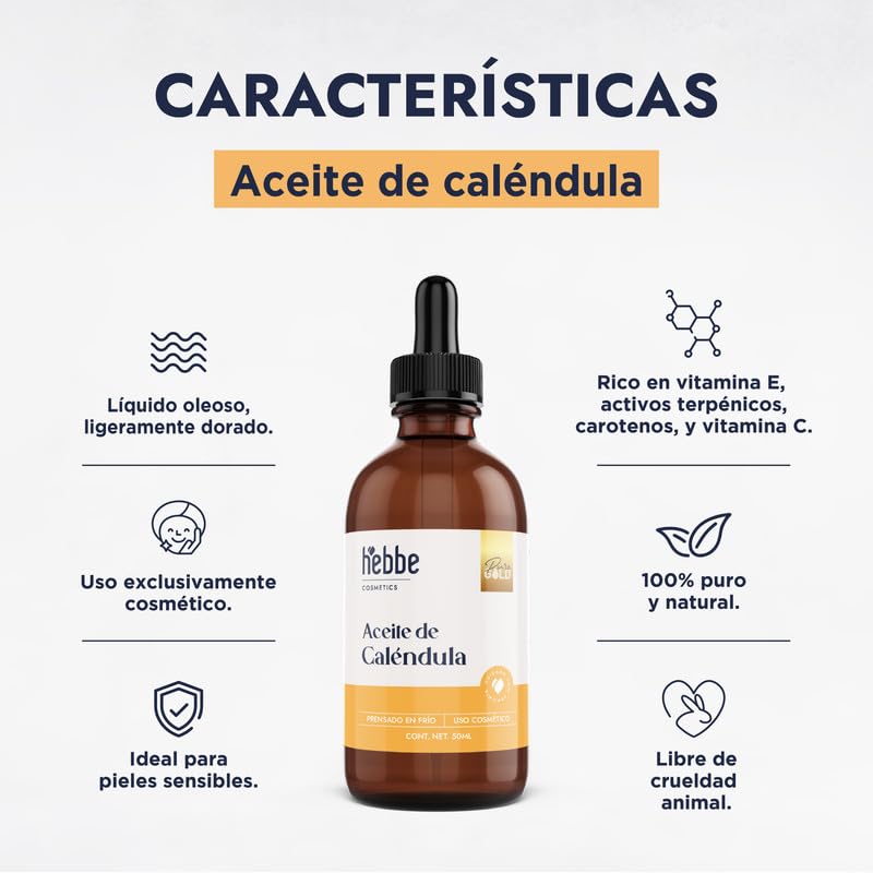 HEBBE Aceite de Caléndula 50 Ml | Hidratante y Calmante | Cicatrizante Antiinflamatorio | Piel Sensible