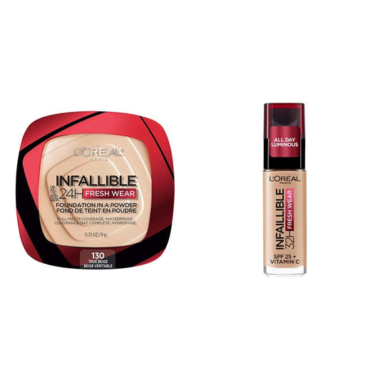 L´Oréal Paris, Base de maquillaje en polvo y líquida de larga duración, Infallible 24h Freshwear y 32h, Tono 130 True Beige y 125 Natural Beige, 9gr + 30ml