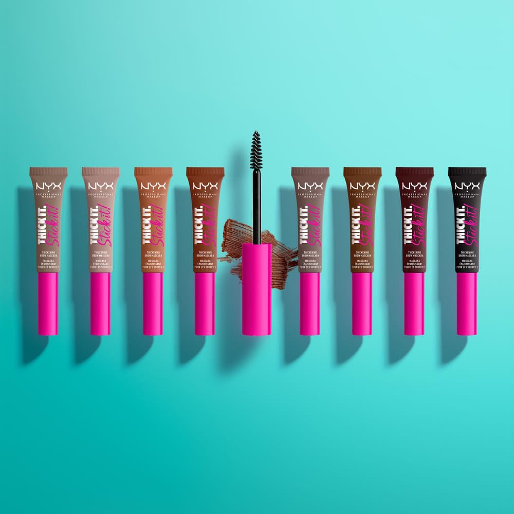NYX Professional Makeup, Thick It Stick It! Gel de cejas con color, 7ml. Tono:Auburn. Mascara de cejas con microfibras que rellena, da volumen y fija las cejas hasta por 16 horas. Fórmula vegana.