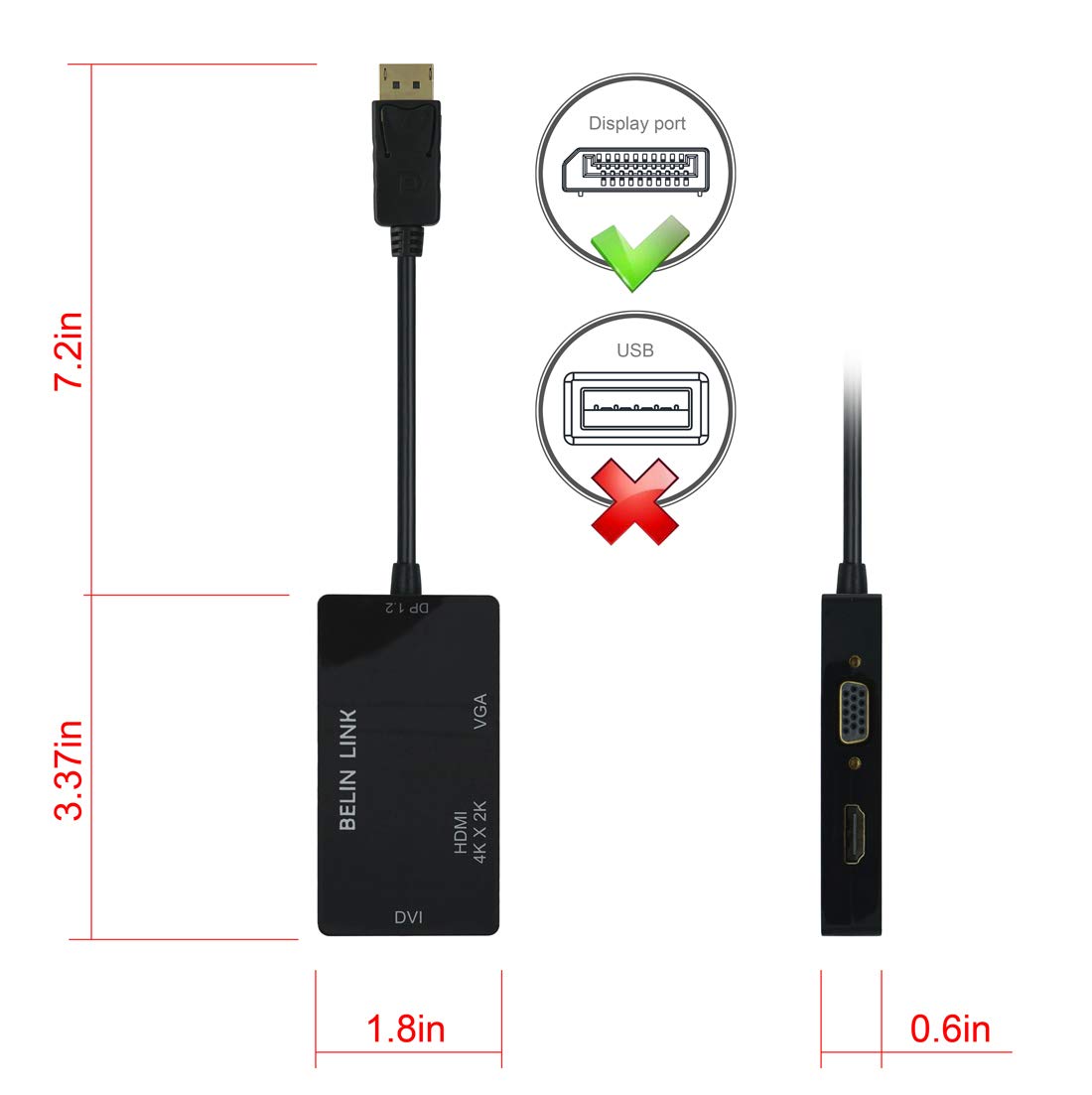 Adaptador DisplayPort DP HDMI VGA DVI Negro 4K Triple Función Gold-Plated