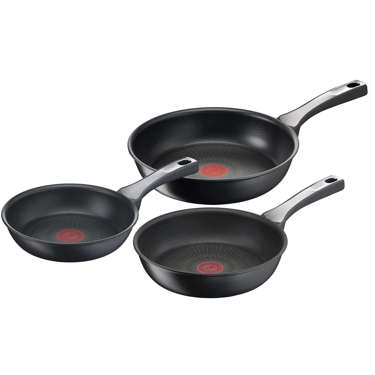 T-fal Juego de Sartenes 20/24/28 con antiadherente de 6 capas y revestimiento reforzado. Incluye una sartén de 20, 45 y otra de 28 cm. Perfectas para cocinar sin que los alimentos se peguen, G2599102