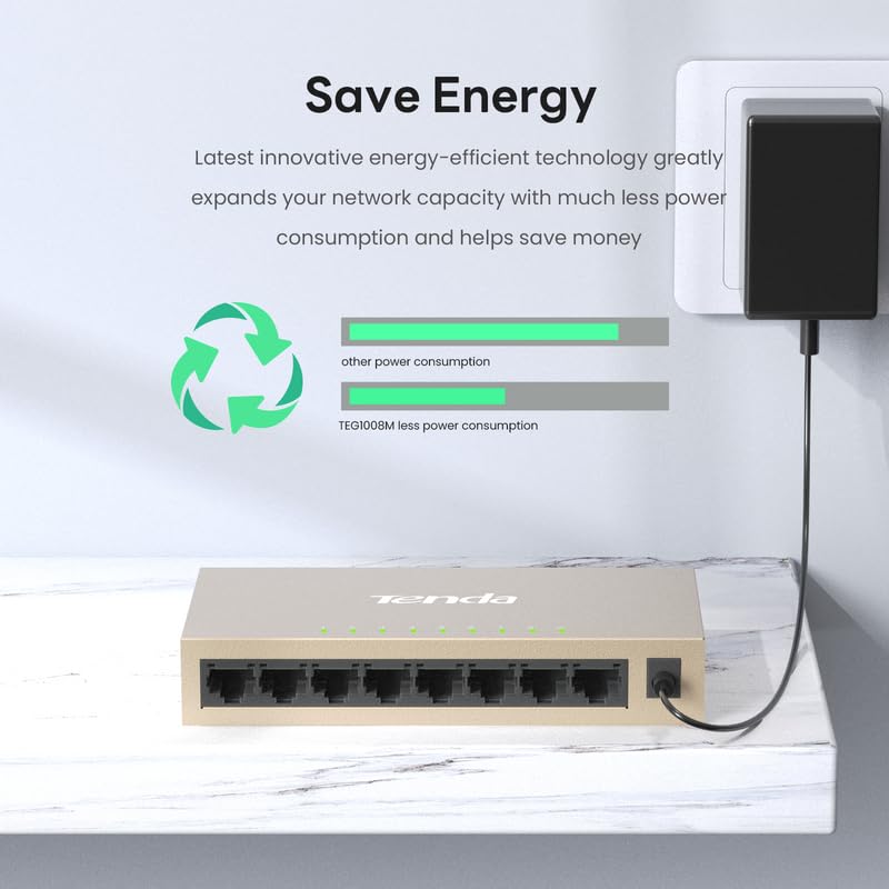 Tenda TEG1008M, Conmutador Gigabit de 8 Puertos, Conmutador Ethernet no gestionado con optimización de tráfico, Plug & Play, diseño metálico y sin Ventilador, protección Limitada de por Vida