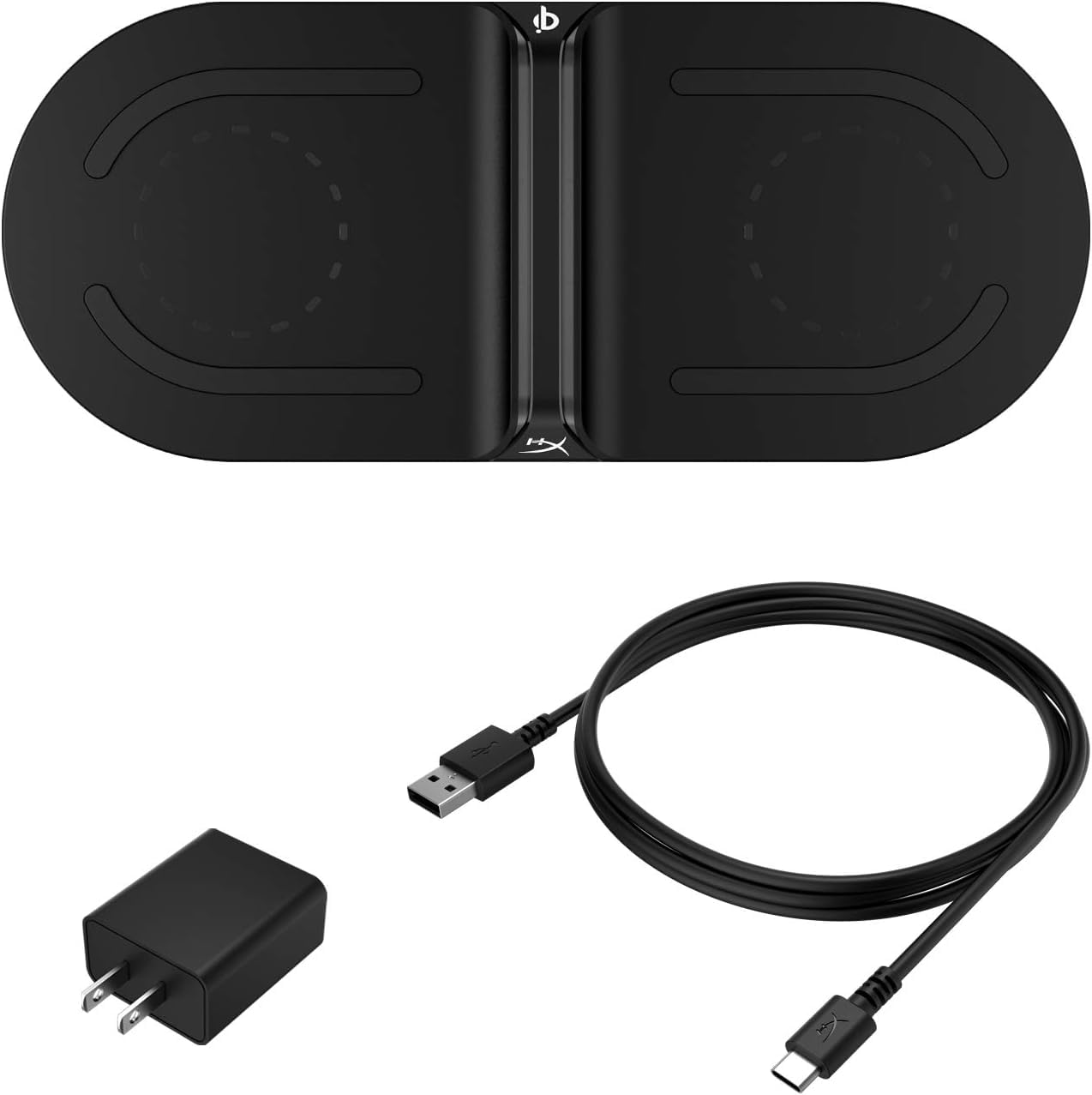 HyperX Chargeplay Base – Cargador inalámbrico Qi, certificado Qi, almohadillas para orejas de carga inalámbricas duales, carga hasta dos dispositivos, indicadores de batería, adaptador de pared de CA,