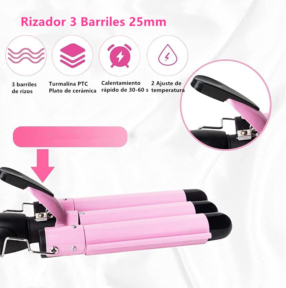 Rizador de Pelo, Ondas Cerámica con Temperatura Ajustable, Triple Tubo Rizador de Cabello de 25mm, Herramienta de Peinado Automático para Mujer Cabello Largo/Corto y Viajero Regalo (Rosado)