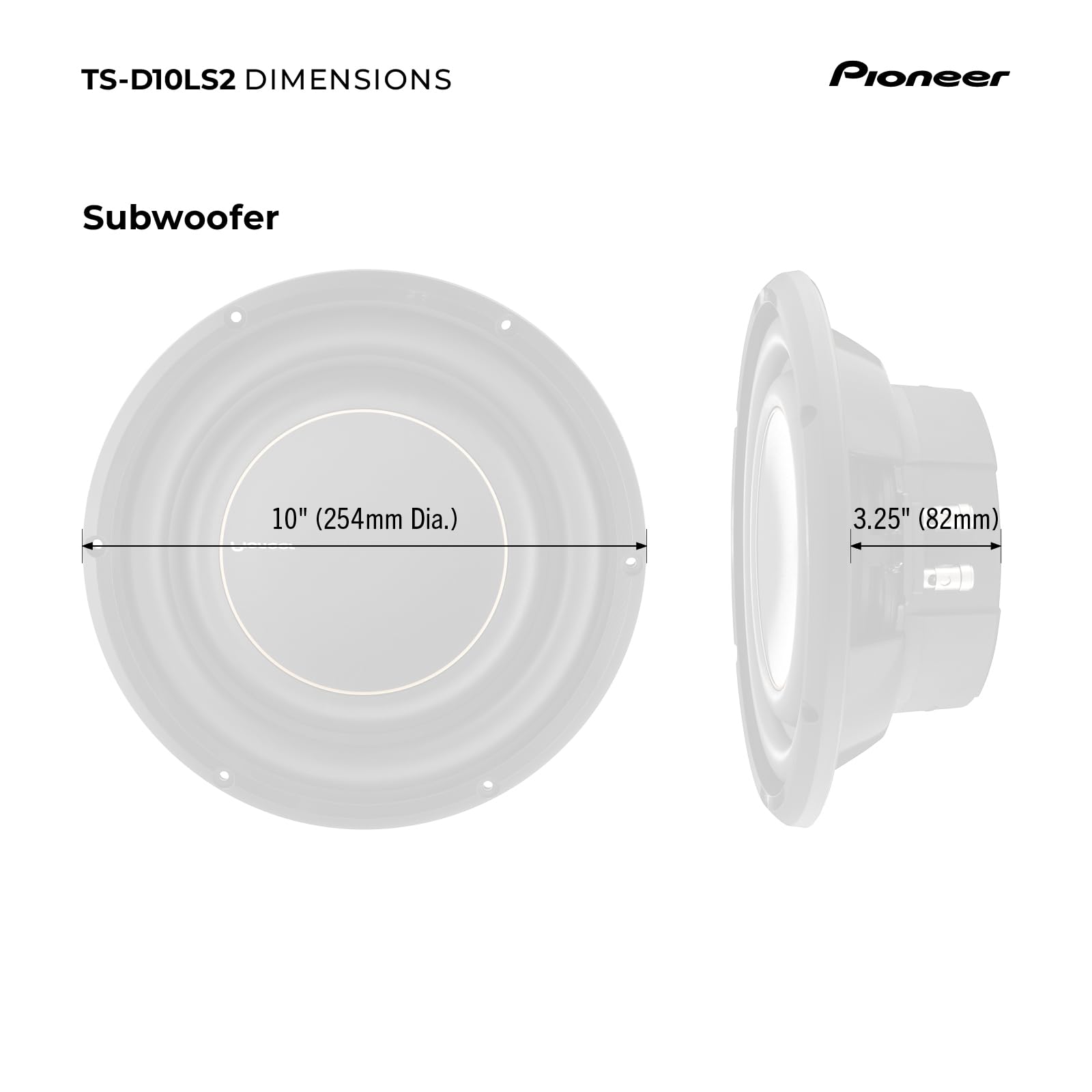 PIONEER D-Series TS-D10LS2 Subwoofer de Alto Rendimiento de 10 Pulgadas – 1200 W máximo, diseño de Montaje Superficial, Bobina de Voz de 2 ohmios, Graves Profundos en Espacios reducidos, Compacto