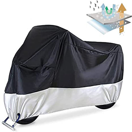 Cubierta para Motocicletas Bicicleta Impermeable Protección - Protector de Motocicleta con 2 Orificios de Bloqueo y el Bolso del Almacenaje XL (Negro y Plata)