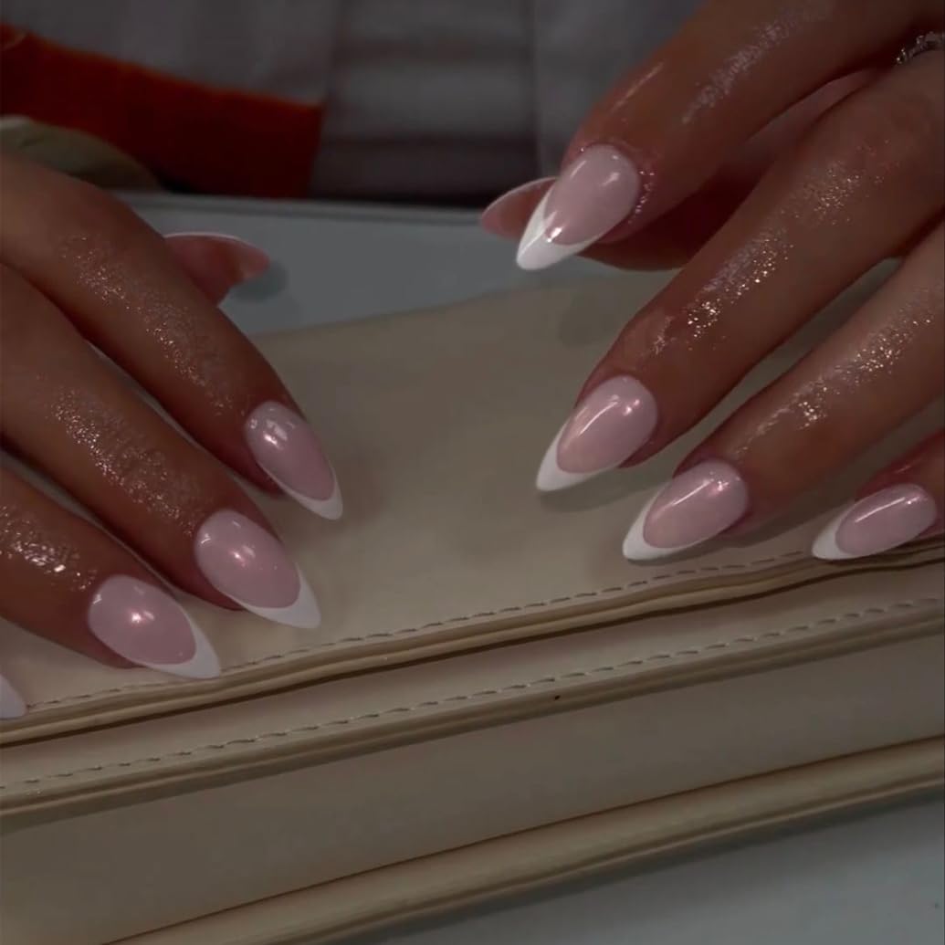 SXVME Rosquilla Esmaltada Blanca French Tip Press On Uñas Almendra, Rosa Francés Cromo Clavos Prensa Ons Para Mujeres, Aurora Pegamento En Uñas De Longitud Media, Espejo Reflectante Clavos Acrílicos L
