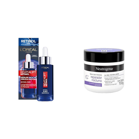 L'Oréal Paris Sérum de Noche Revitalift Retinol Puro 30 ml + Neutrogena Crema Hidratante Facial Reparador Nocturno Face Care Intensive Colageno 100 g