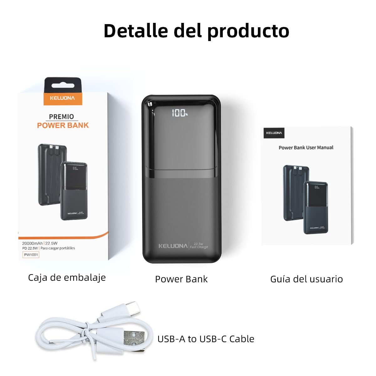 KELUONA Power Bank 20000mAh, Batería Portátil con Carga Rápida PD/QC 22.5W, 2 Puertos USB-C, Compatible con iPhone Samsung Xiaomi Huawei, Negro