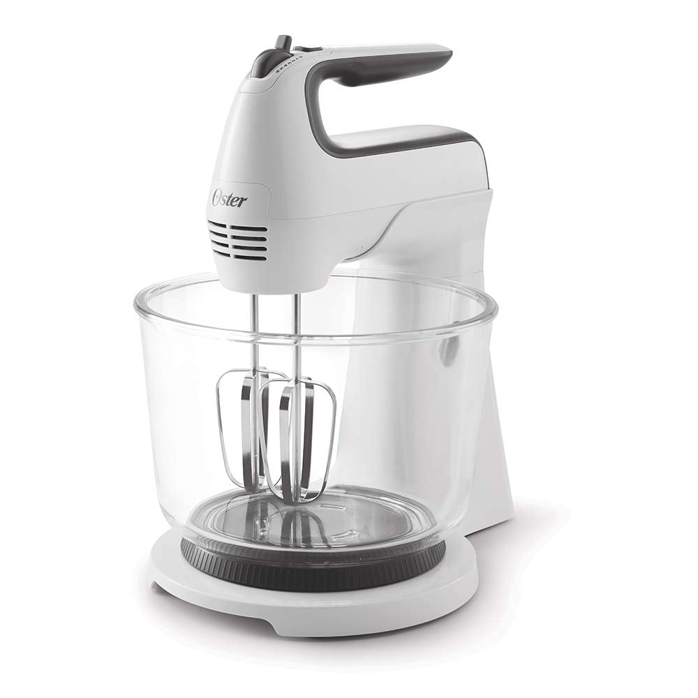 Batidora Mano Pedestal Oster blanca con Tazón de Vidrio