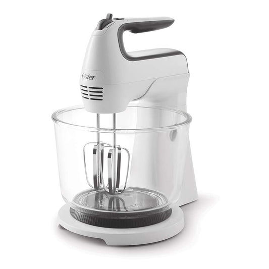 Batidora Mano Pedestal Oster blanca con Tazón de Vidrio