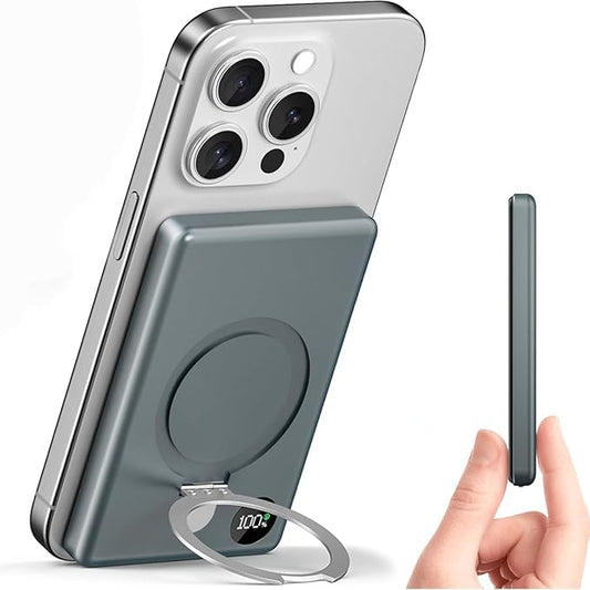 Kuulaa Power Bank 10000mAh, Batería Portátil Inalámbrica con Pantalla LED, Soporte Plegable, Carga Rápida PD 20W USB-C, Compatible con iPhone 16/15/14/13/12/Pro/Mini/Pro MAX (Gris)