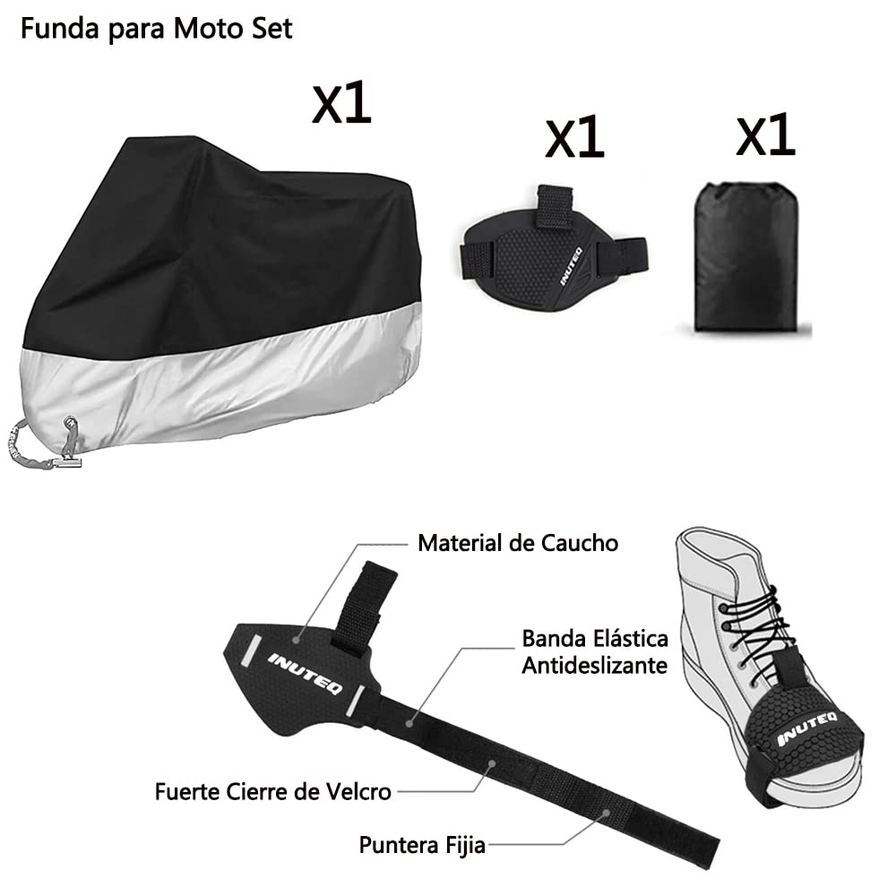 Jiula Funda para Moto Set Cubierta de la Motocicleta - Funda para Moto Set Impermeable, con Accesorios de Cambio de Marchas para Zapatos, 265 x 105 x 125 CM (3XL,Plata+Cambio de Marchas para Zapatos)