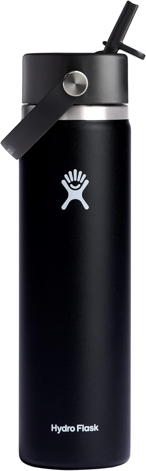 Botella de Agua Hydro Flask Negro Acero Inoxidable de 24 Onzas con Tapa Ancha y Popote a Prueba de Fugas