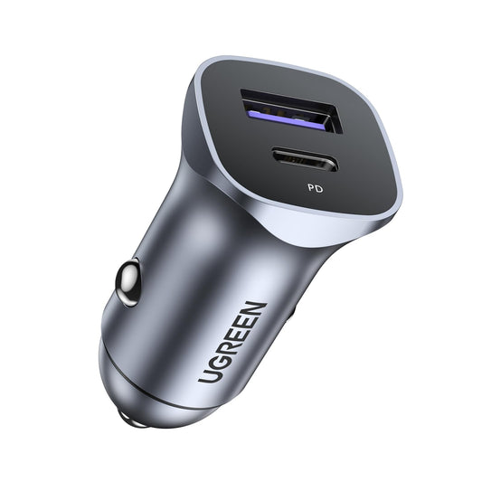 UGREEN 30W USB C Cargador Auto Carga Rápida, 2 Puertos Adaptador de Coche Tipo C y QC 3.0 de Aluminio Quick Charger Compatible con iPhone 16/15/14/13/12 Pro MAX, iPad Pro/Air, Galaxy S25/S24/S23/S22