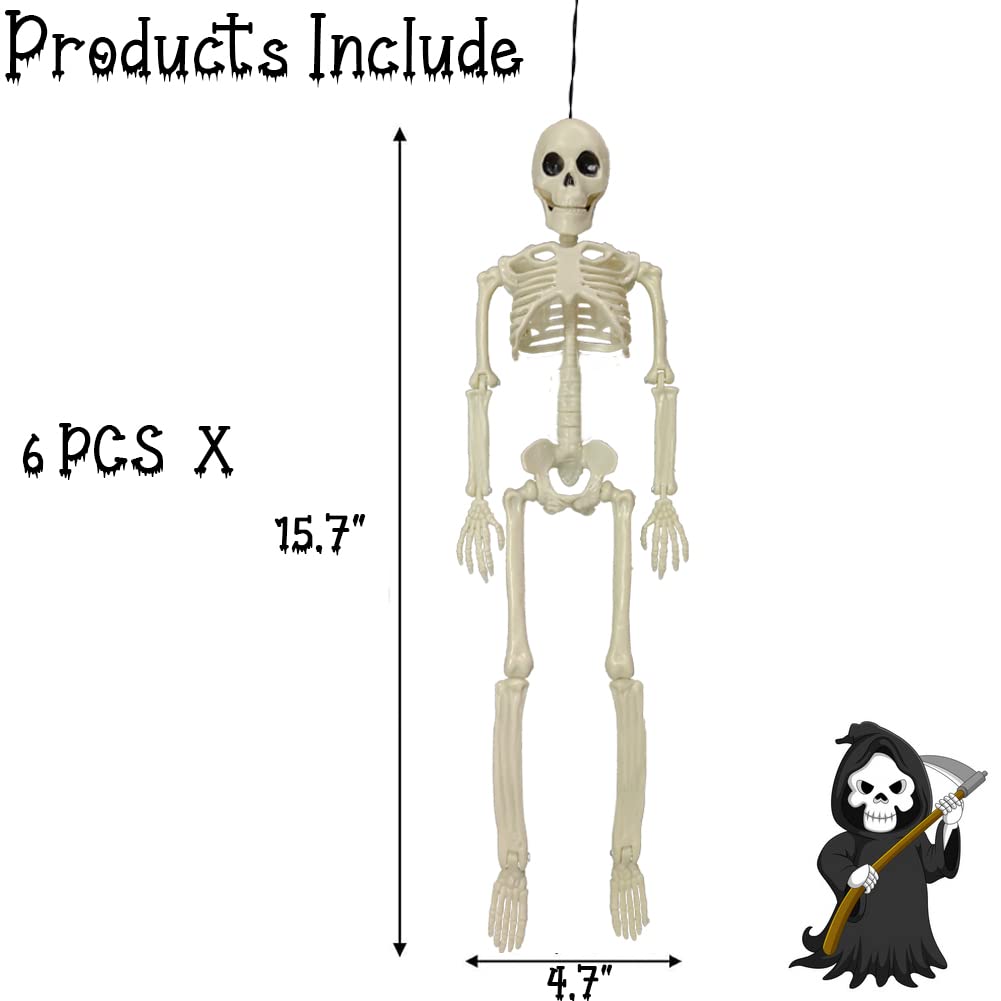 CAMIRUS - 6 decoraciones de esqueleto de Halloween, de cuerpo completo de 16 pulgadas, pequeños huesos de plástico con articulaciones móviles posibles para Halloween, fiestas en interiores y