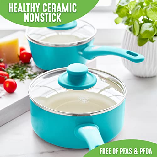 GreenLife - Juego de cacerolas antiadherentes de cerámica Soft Grip Healthy con tapas, 1 y 2 cuartos de galón, azul brillante