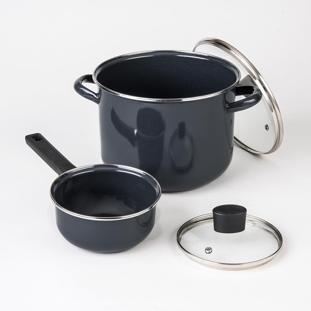 Cinsa Batería de cocina Mega Óptima 9 piezas, Peltre pesado con antiadherente con tapas de vidrio templado, Negro