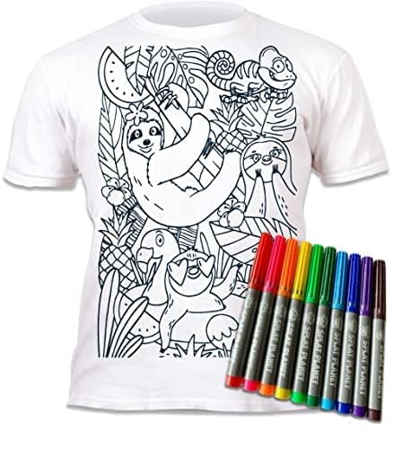 Splat Planet Color-in Sloth Jungle - Camiseta con 10 bolígrafos mágicos lavables no tóxicos, camiseta de color y lavado, Blanco, 3-4T