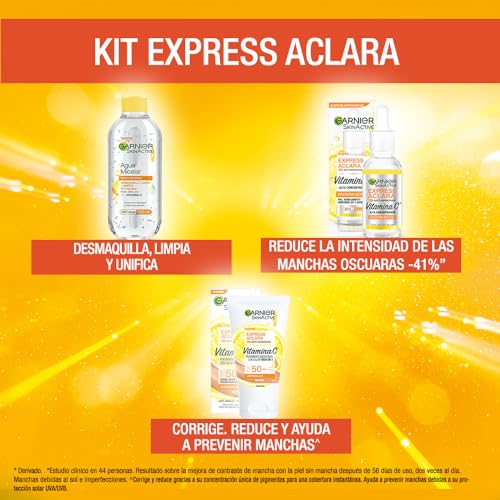 Kit Garnier Express Aclara Rutina anti manchas con Vitamina C: Sérum facial, agua micelar y todo-en-1 tono medio con FPS, 3 piezas. Hidrata, ilumina y unifica el tono de la piel