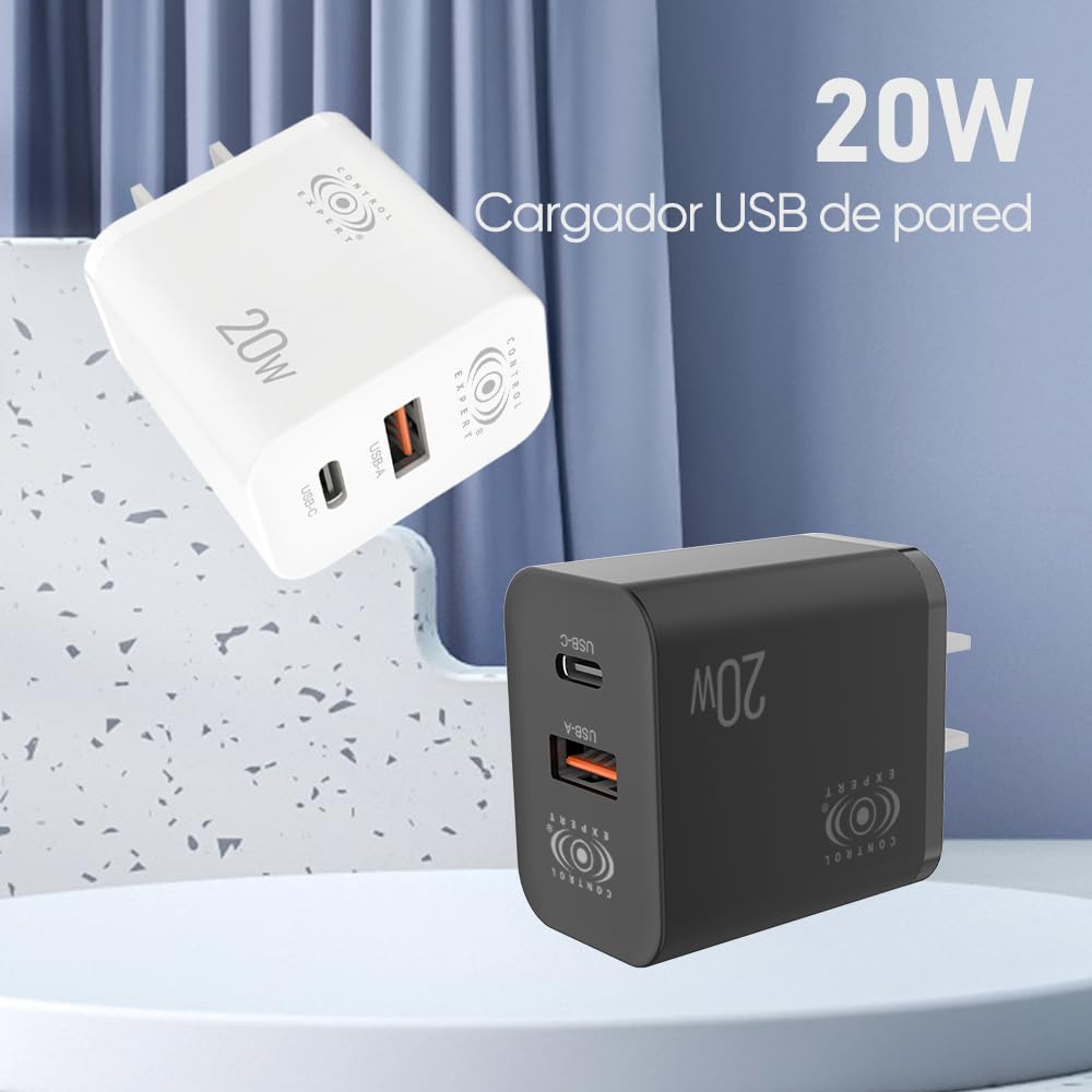 CONTROL EXPERT Turbo Cargador Tipo C y USB 2 Puertos 20W Cable 1 Metro 3A Cargador de Pared PD Cargador USB C con 2 Puertos (Blanco)