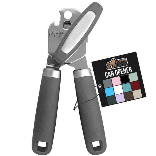 Gorilla Grip Abrelatas manual de mano de acero inoxidable resistente con borde liso con mango suave al tacto, a prueba de óxido, perilla de mano fácil giro, el mejor abridor de tapa grande para cocina, gris