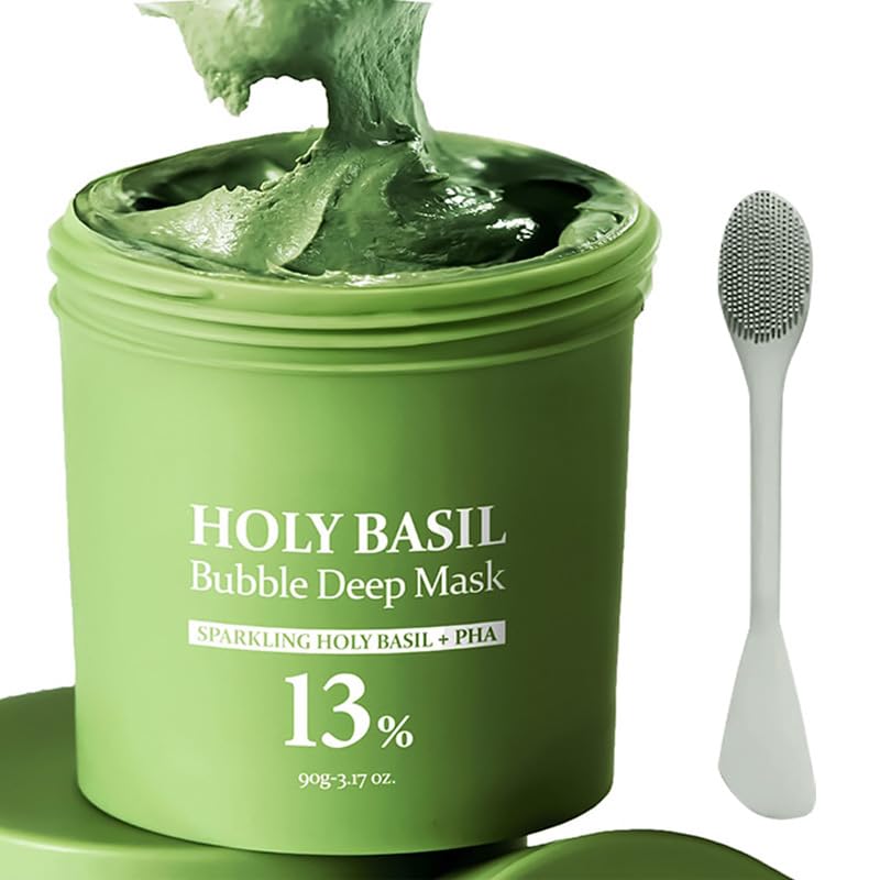 Holy Basil Bubble Deep Mask, Limpieza Profunda + Control de Grasa, Elimina Puntos Negros y Reduce Poros, Arcilla Coreana Para Enjuagar Con Burbujas Cuchara Incluida