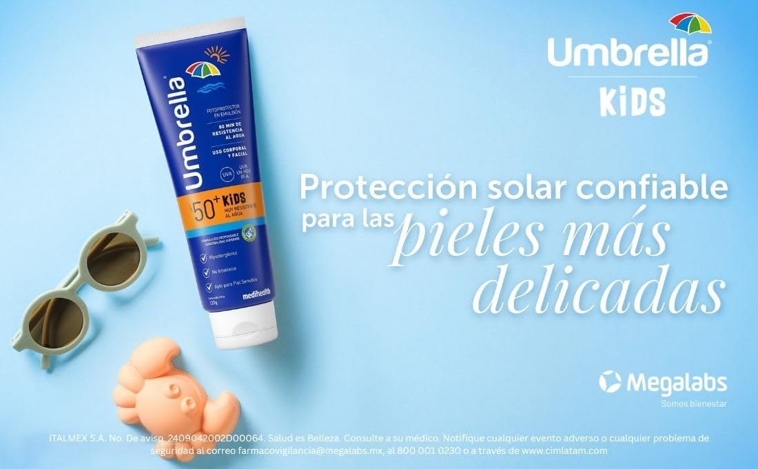 Umbrella Kids SPF 50+ | Protector Solar Corporal para Niños | Pantalla Orgánica | Amplio Espectro UVA/UVB | Water Resistence | Tubo con 120ml