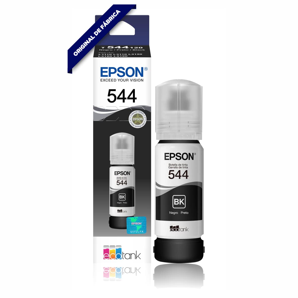 Epson. 4 Pack Botella Tinta T544 L1110 L3110 L3150 Negro, Amarillo, Magenta, Cian 260mL Numero de Parte T544420-AL T544220-AL T544320-AL T504220-AL Compatible con Equipos L3110, L3150 Linea Ecotank