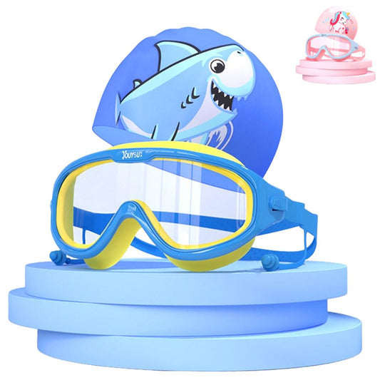 MARIA D - Goggles de Natacion,Gafas de Gorro de Natacion para Ninos,Patrón de Tiburón Amarillo Azul,Kit de Natación 3 en 1 Equipo Silicona, Antivaho, Resistentes a Los Rayos UV, Visión Amplia y Clara
