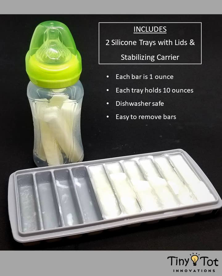 Tiny Tot Innovations Bandejas de Almacenamiento para Congelador de Leche Materna con Portador, 10 Barras de 1oz, 2 Recipientes con Tapas y Portador, 100% Silicona de Grado Alimenticio
