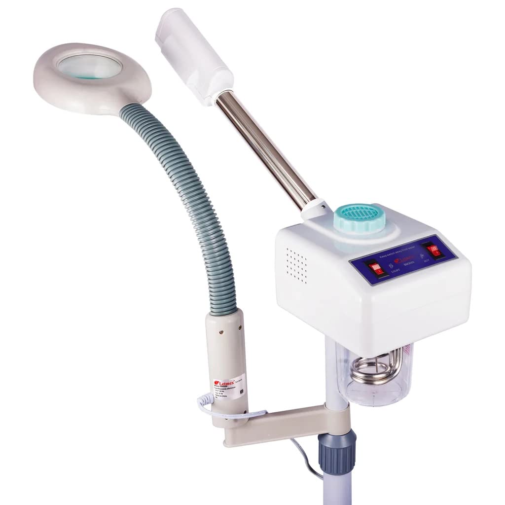 Vaporizador Generación de Ozono con Lupa y Luz Led Pedestal Facial Spa Salon de Belleza Barberia Vapor caliente abre los poros y suaviza la piel Letmex BM3058