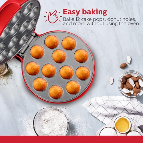 Holstein Housewares Cake Pop Maker, color rojo, hace 12 tartas, revestimiento antiadherente, perfecto para cumpleaños y fiestas de día festivo