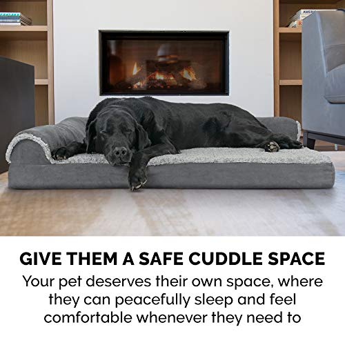 Furhaven - Cama Para Perros De Espuma Viscoelástica Xl, Diván Bicolor De Piel Sintética Y Gamuza En Forma De L Con Funda Extraíble Y Lavable, Gris Piedra, Gigante
