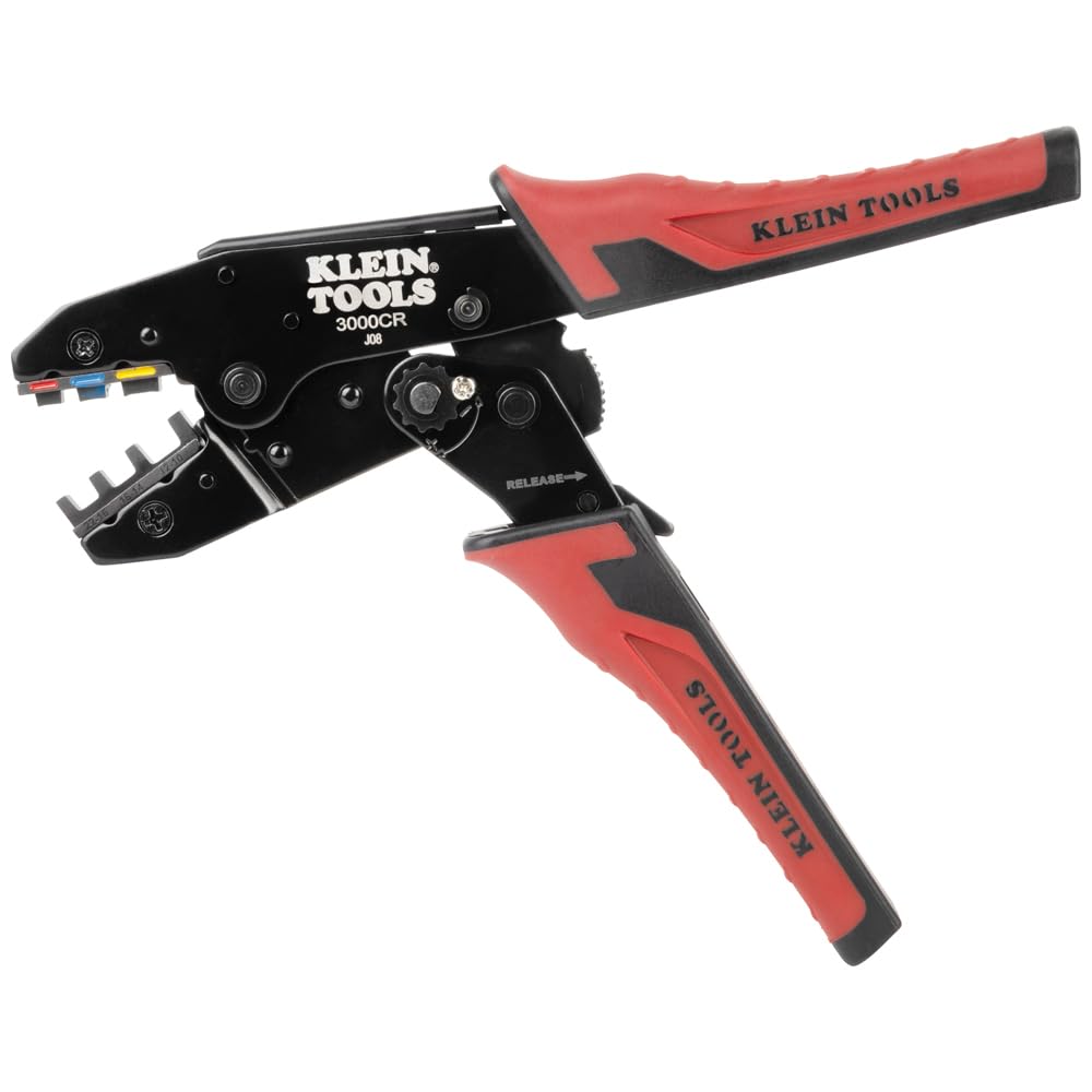 Klein Tools 3007CR - Herramienta de crimpado para conectores termoencogibles, crimpadora de terminales de carraca, alambre de cobre trenzado de 10 a 22 AWG, ciclo completo, 3 cavidades