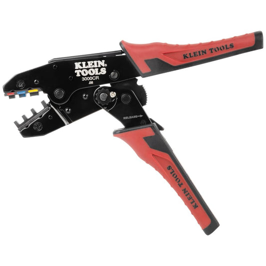 Klein Tools 3007CR - Herramienta de crimpado para conectores termoencogibles, crimpadora de terminales de carraca, alambre de cobre trenzado de 10 a 22 AWG, ciclo completo, 3 cavidades