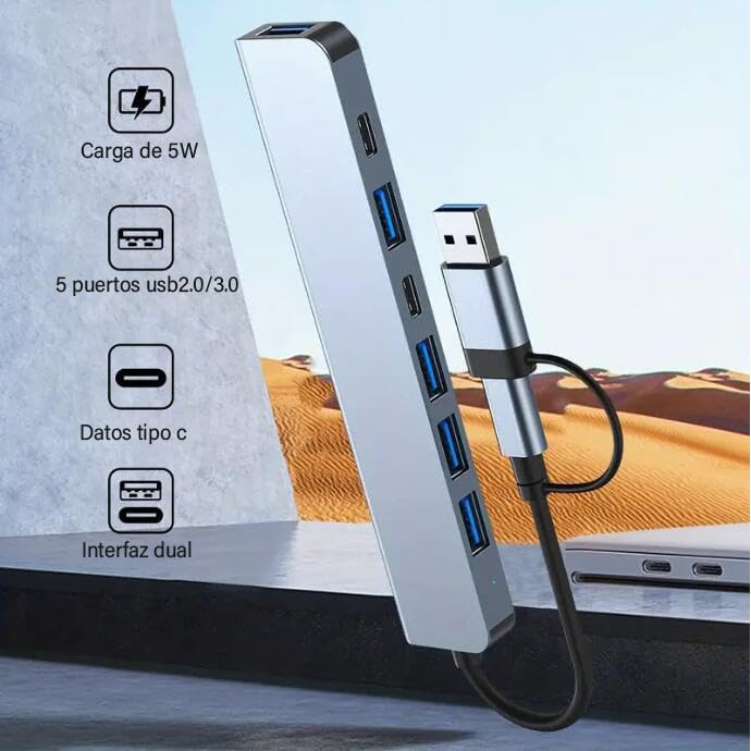 Hub USB C 3.0 7 en1, Adaptador USB a Tipo C Multipuerto con 1 Puerto USB 3.0, 4 Puertos USB 2.0, 2 Puerto Tipo C, Adaptador para MacBook Air/Pro iPad y Más Dispositivos PC/Laptop/Tablet